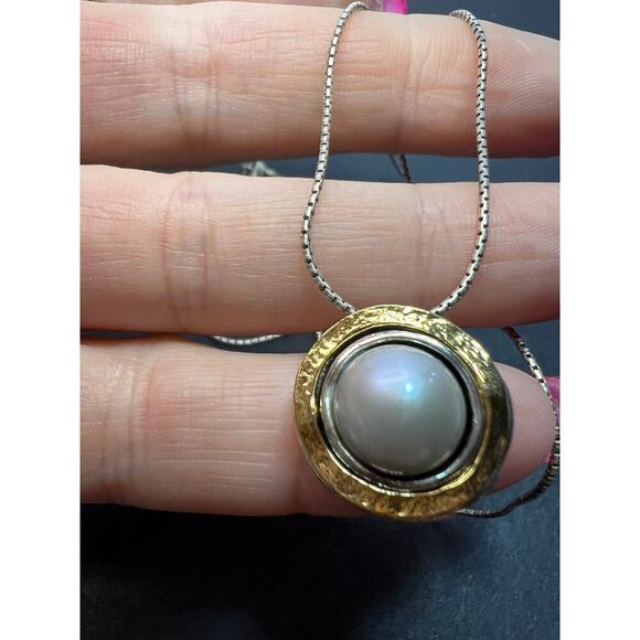 Silver Cultured Pearl With Gold Over 925 sterling silver Necklace - Picture 6 of 11